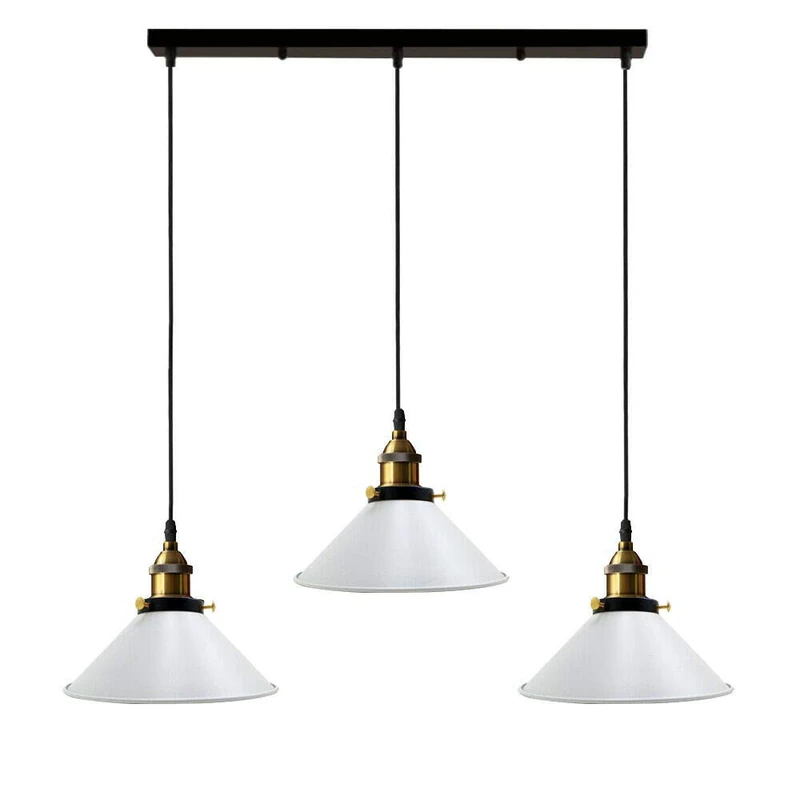LEDSone Industrial Lighting 3 Head Pendant Ceiling Lights 22cm White Cone Metal Shades E27 Adjustable Hanging Bedside Lights for Kitchen Island Living Dining Room
