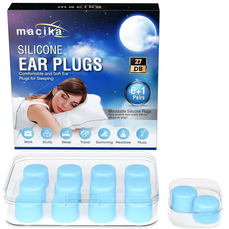 Macika Soft Silicone Ear Plugs for Sleeping 7 Pairs, 27dB Noise Cancelling, Premium Moldable Ear Plugs, Comfy, Reusable Customisable Earplugs for Sleep, Travel, Studying, Noise Reduction, Waterproof