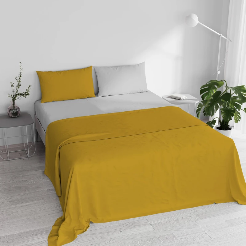 Italian Bed Linen “ Natural Color” Bed Linen Set, Mustard/Light Gray, Double