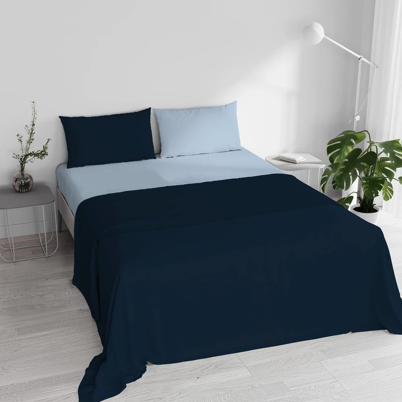Italian Bed Linen “ Natural Color” Bed Linen Set, Dark Blue/Light Blue, Double