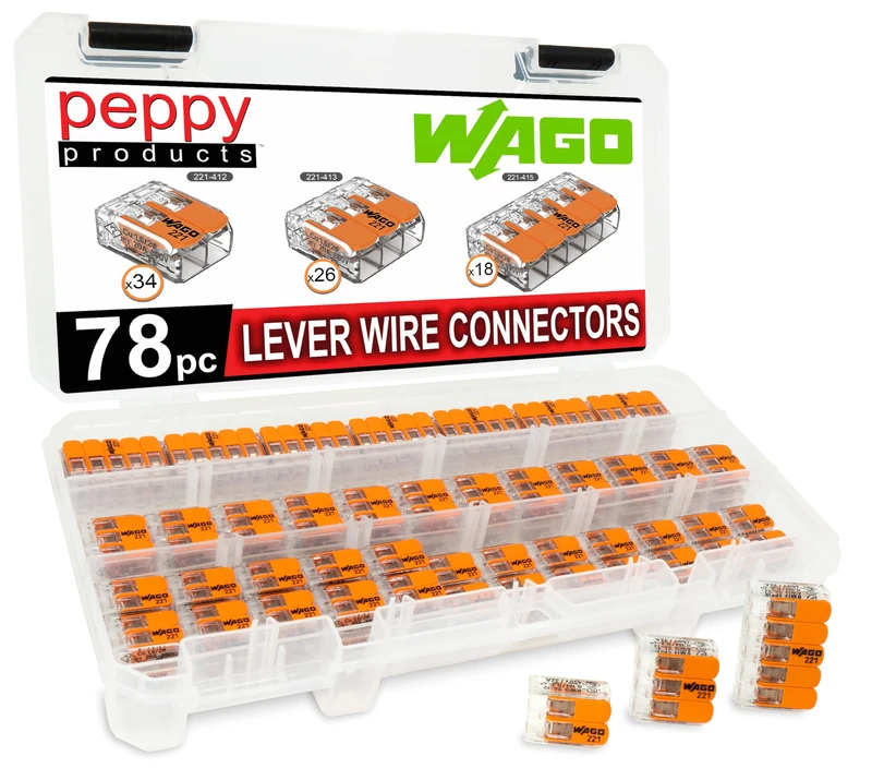 WAGO 221 LEVER-NUTS 78pc Compact Splicing Wire Connector Assortment with Case. Includes (34x) 221-412, (26x) 221-413, (18x) 221-415