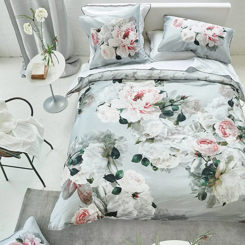 Peonia Grande Printed Cotton Satin Duvet Cover Set, 240 cm x 220 cm, Grey