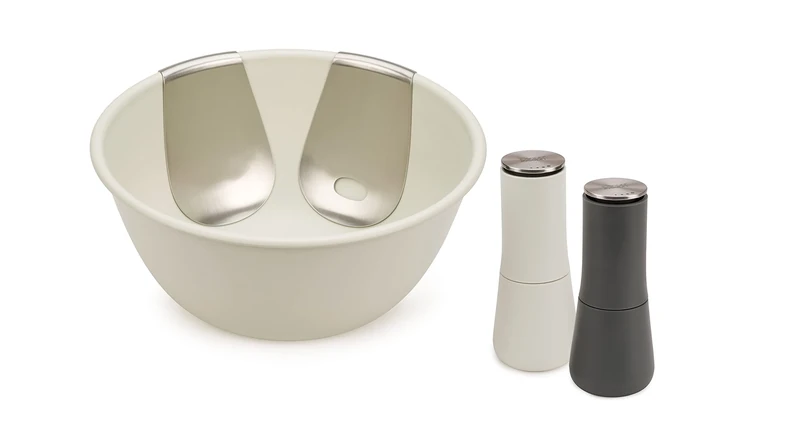 Joseph Joseph Serve It In Style Set with Salad Bowl, Stainless Steel Servers and Milltop Non-Spill Salt and Pepper Mills, 4