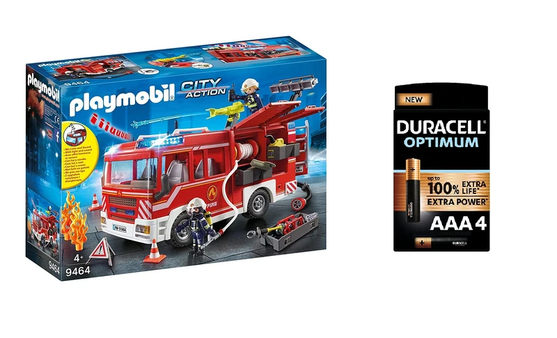 Playmobil City Action 9464 Fire Engine with Light and Sound for Children Ages 4+, Duracell Optimum AAA Alkaline Batteries [Pack of 4], 1.5 V LR03 MN2400