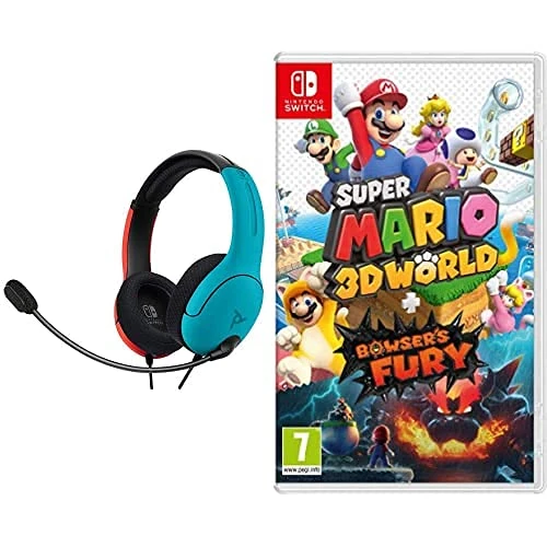 Super Mario 3D World + Bowser's Fury (Nintendo Switch) & PDP LVL40 Wired Stereo Headset for NS -Joycon Blue/Red