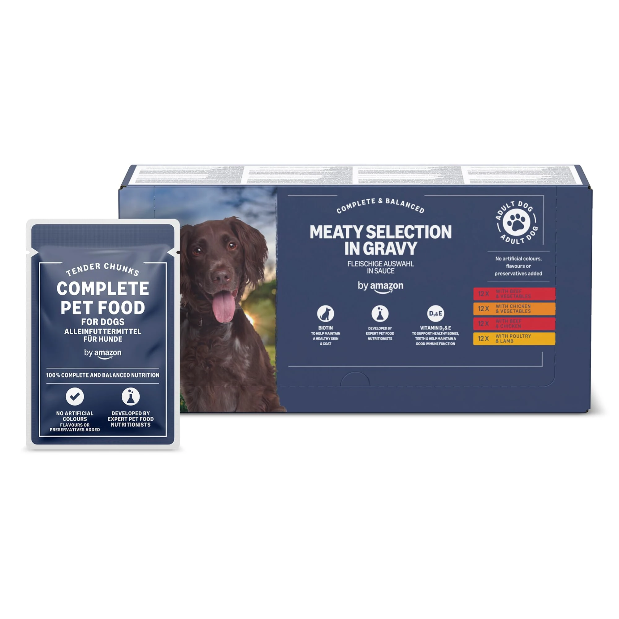 by Amazon Complete Wet Food for Adult Dogs, Meat Selection in Gravy, 4.8 kg (48 pouches of 100g)