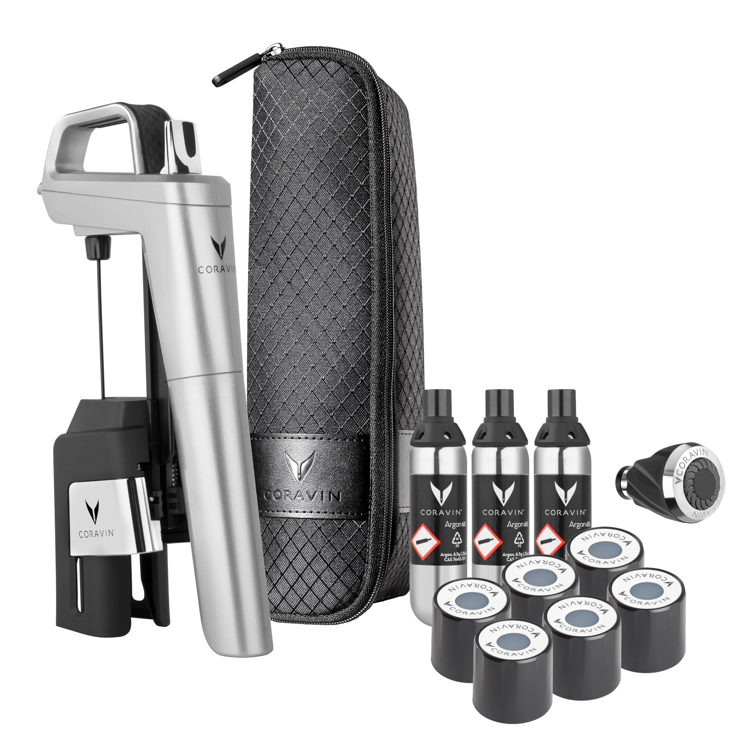Coravin Timeless Six Plus Wine Preservation System - by-The-Glass Wine Saver - Wine Aerator, 3 Pure Argon Capsules, 6 Screw Caps, Clearing Needle & Carry Case - Silver