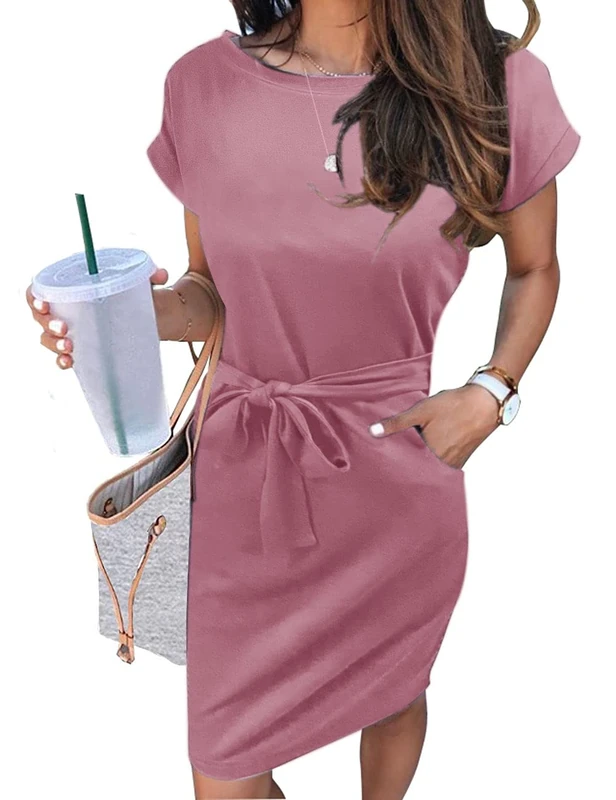 Merokeety Women's Summer Striped Short Sleeve T Shirt Dress Casual Tie Waist with Pockets, Solid Pink, S