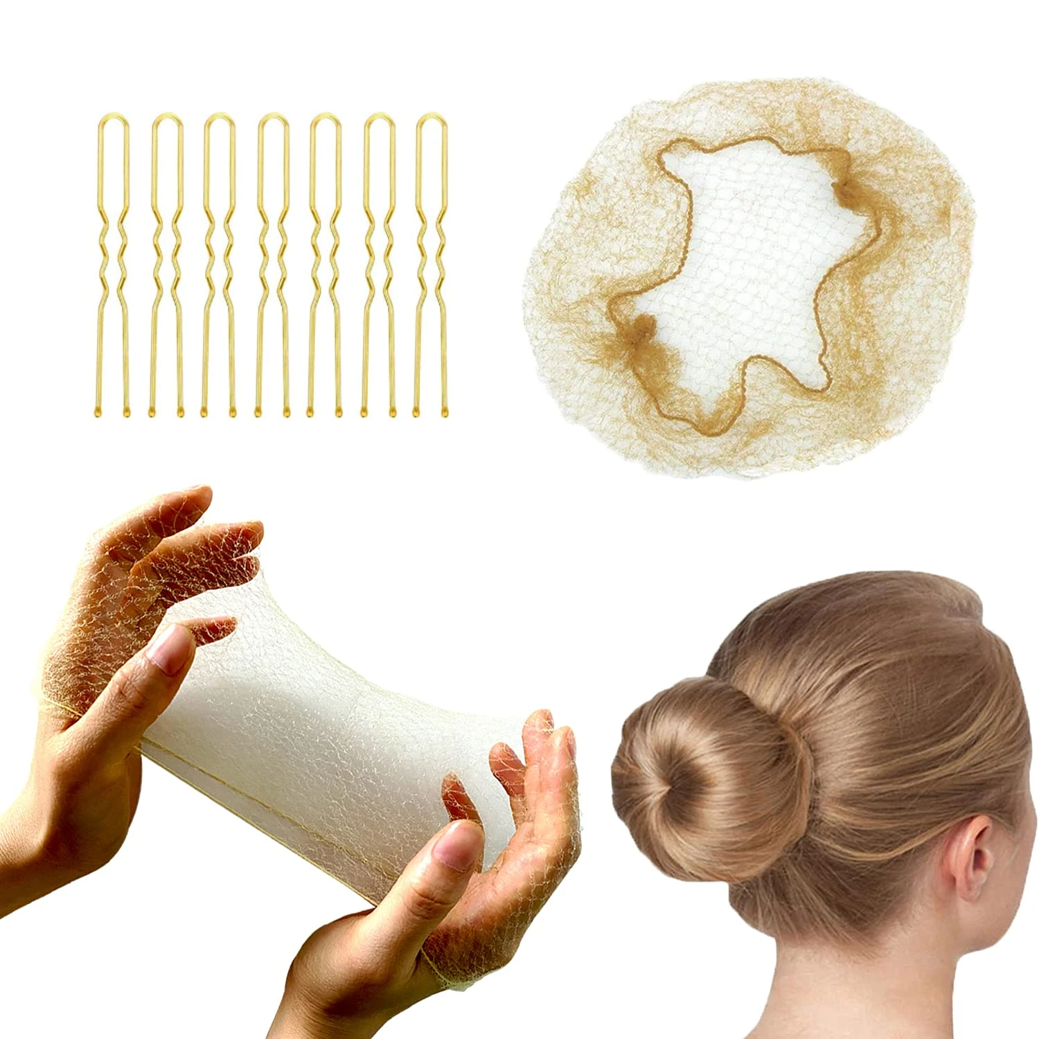 50 Pieces Invisible Hair Net and 10 Pieces Hairpins U Shaped Set, Invisible Mesh Hair Nets Bun for Ballet Dance 20 Inch Gold