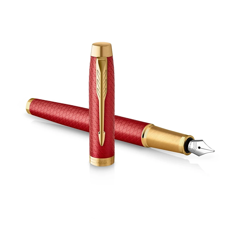 Parker IM Fountain Pen Premium Red Lacquer with Gold Trim Medium Point with Blue Ink Cartridge Gift Box