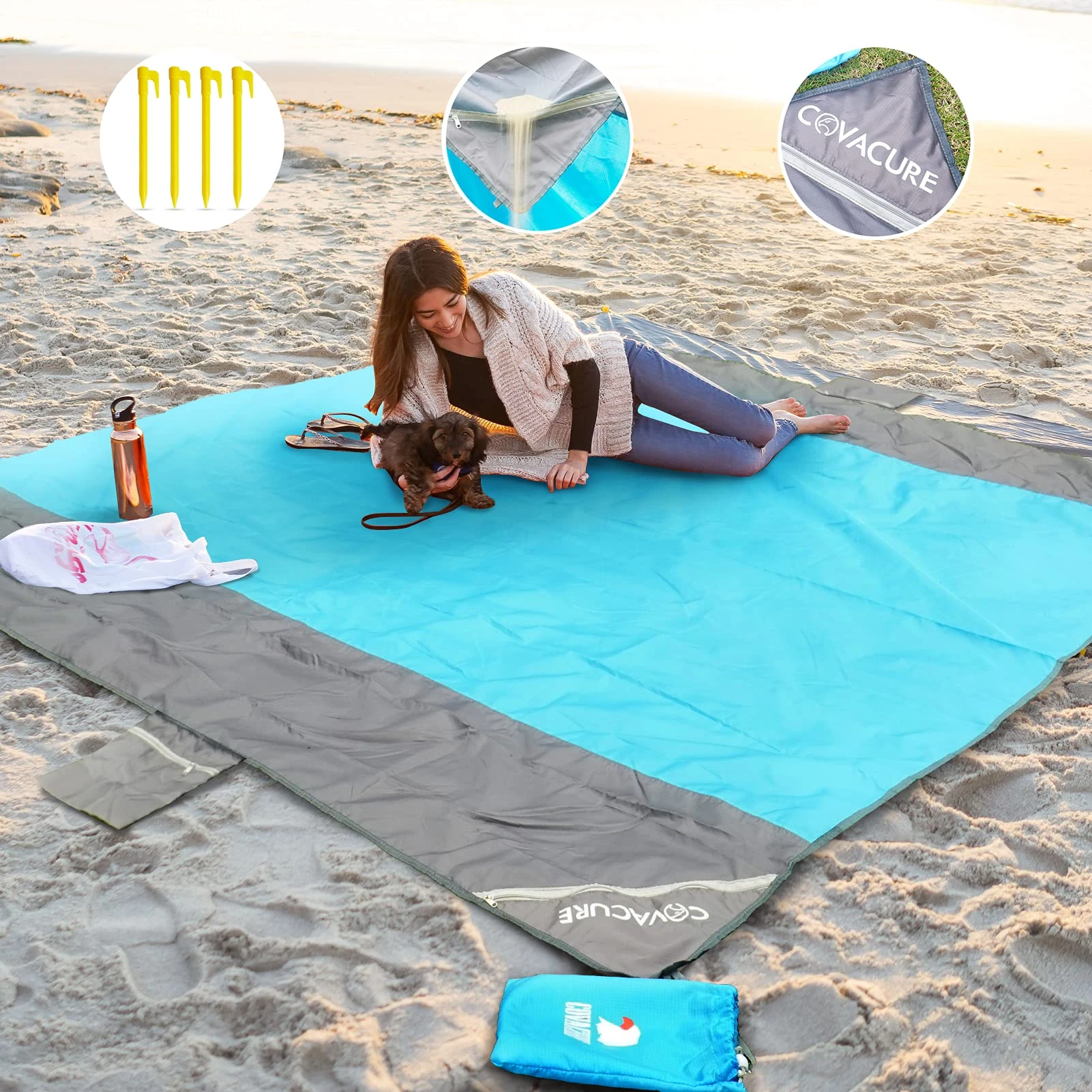 COVACURE Beach Blanket Mat with 3 Zipper Pockets, Extra Large 210 x 200cm Water Resistant Sand Proof Picnic Blanket for Camping, Hiking, Picnic (Blue)