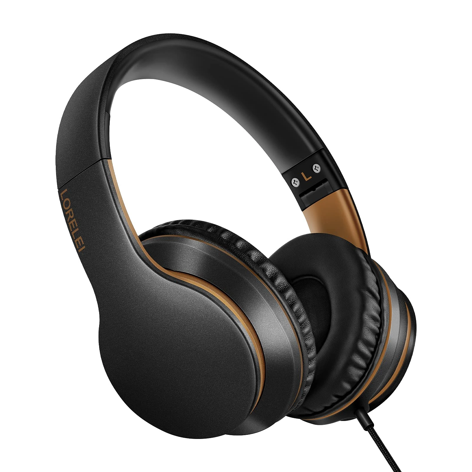 LORELEI X6 Over-Ear Headphones With Microphone, Lightweight Foldable & Portable Stereo Bass With 1.45M No-Tangle, Wired for Smartphone Tablet MP3/4 (Black-Gold)
