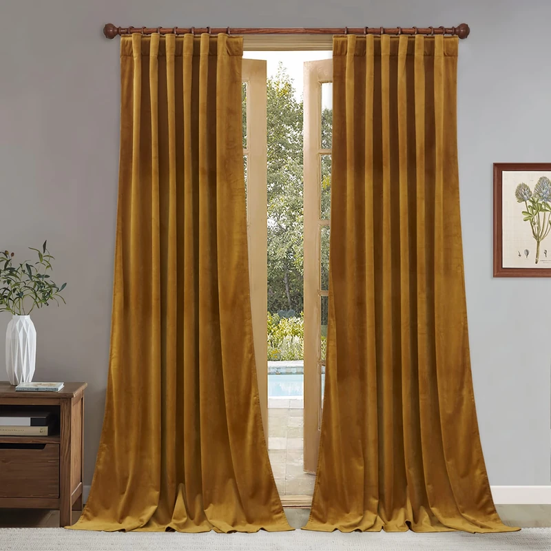 StangH Mustard Gold Curtains Velvet - Vintage Retro Home Decor Drapes for Living Room Light Blocking Heat Resistant Curtain for Sliding Door/French Window, W52 x L84, 2 Panels