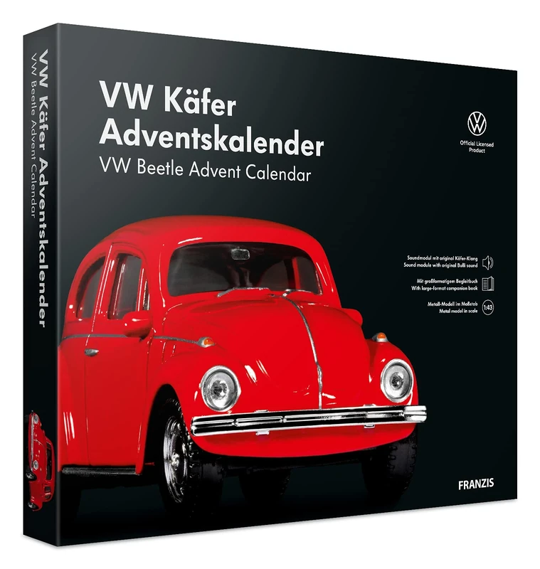 FRANZIS 55255 VW Beetle Advent Calendar, Red, Metal Model Kit in Scale 1:43, Includes Sound Module and 52-Page Accompaniment Book