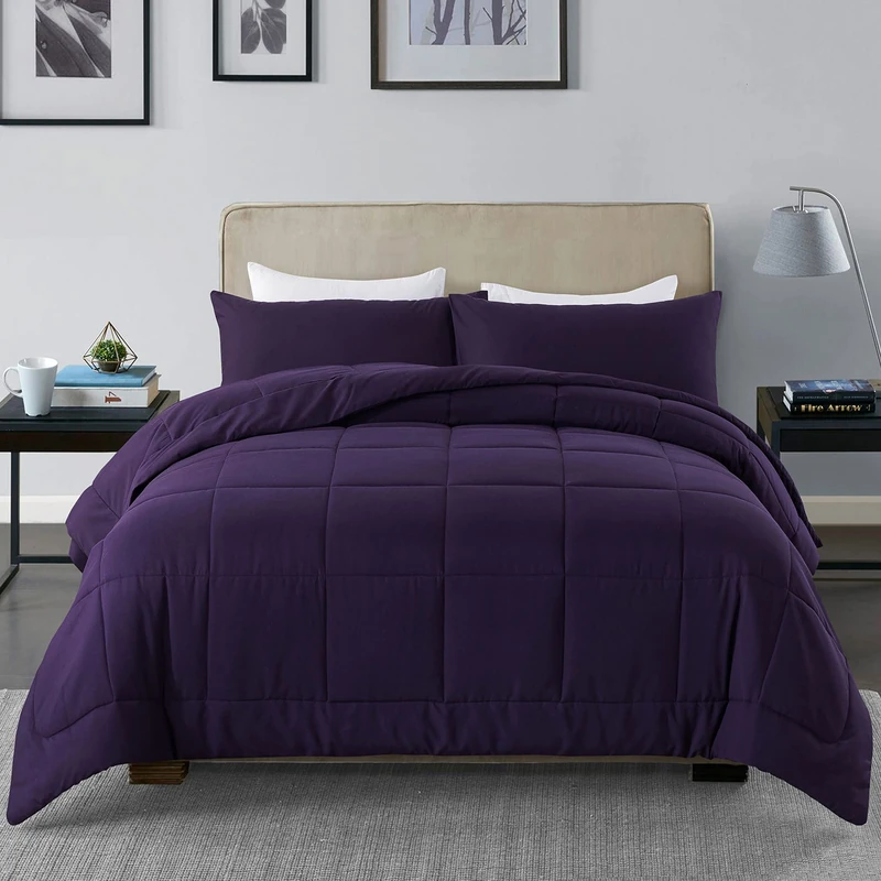 DOWNCOOL Bedding Comforters & Sets - 3 Pieces Queen Comforter Set - Lightweight Down Alternative Quilted Comforter with 2 Pillow Shams - Bedding Comforter Sets (Purple, 88"x90")