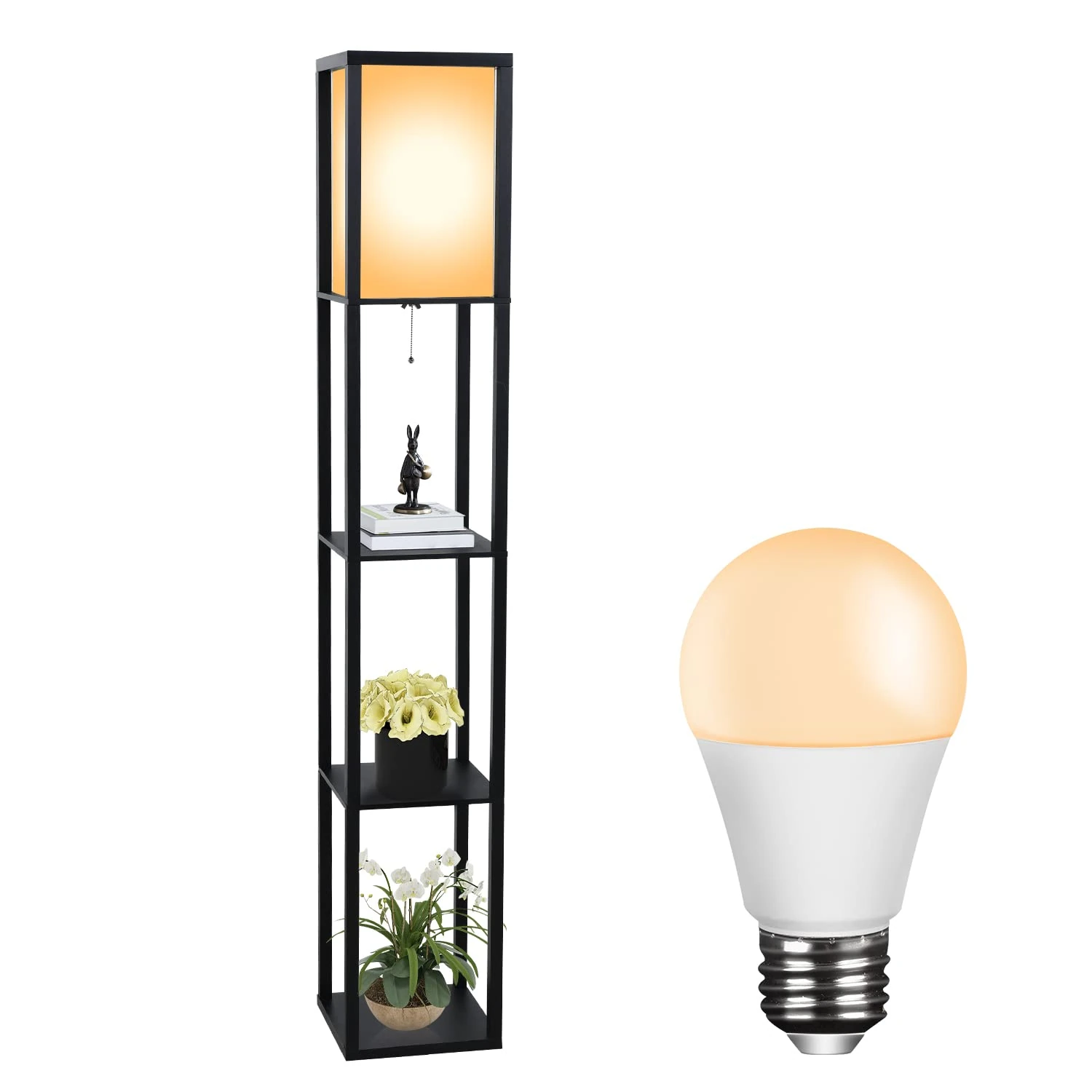 PULUOMIS Floor Lamp with Shelves, 3 Tier Storage Standing Lamp with 8W LED Bulb, Modern Shelf Floor Lamp for Living Room and Bedroom, Black