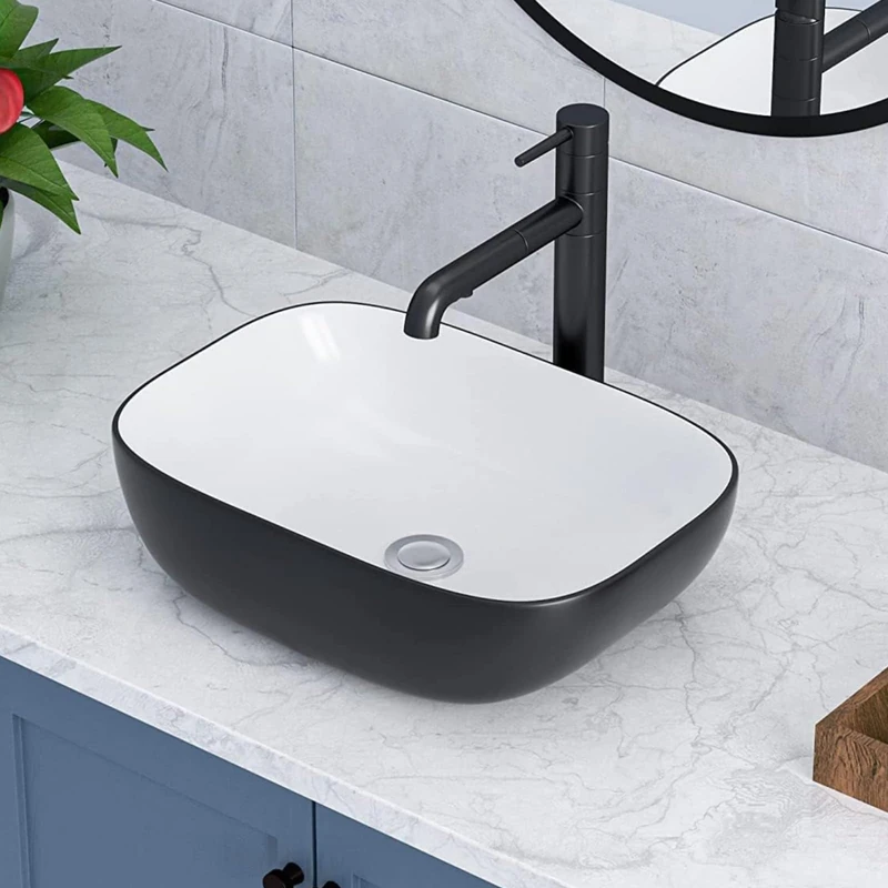 Rectangle Bathroom Vessel Sink- Lepuday 17"x13" Rectangular Bathroom Above Counter Vessel Sink Black and White Ceramic Porcelain Vanity Sink Art Basin