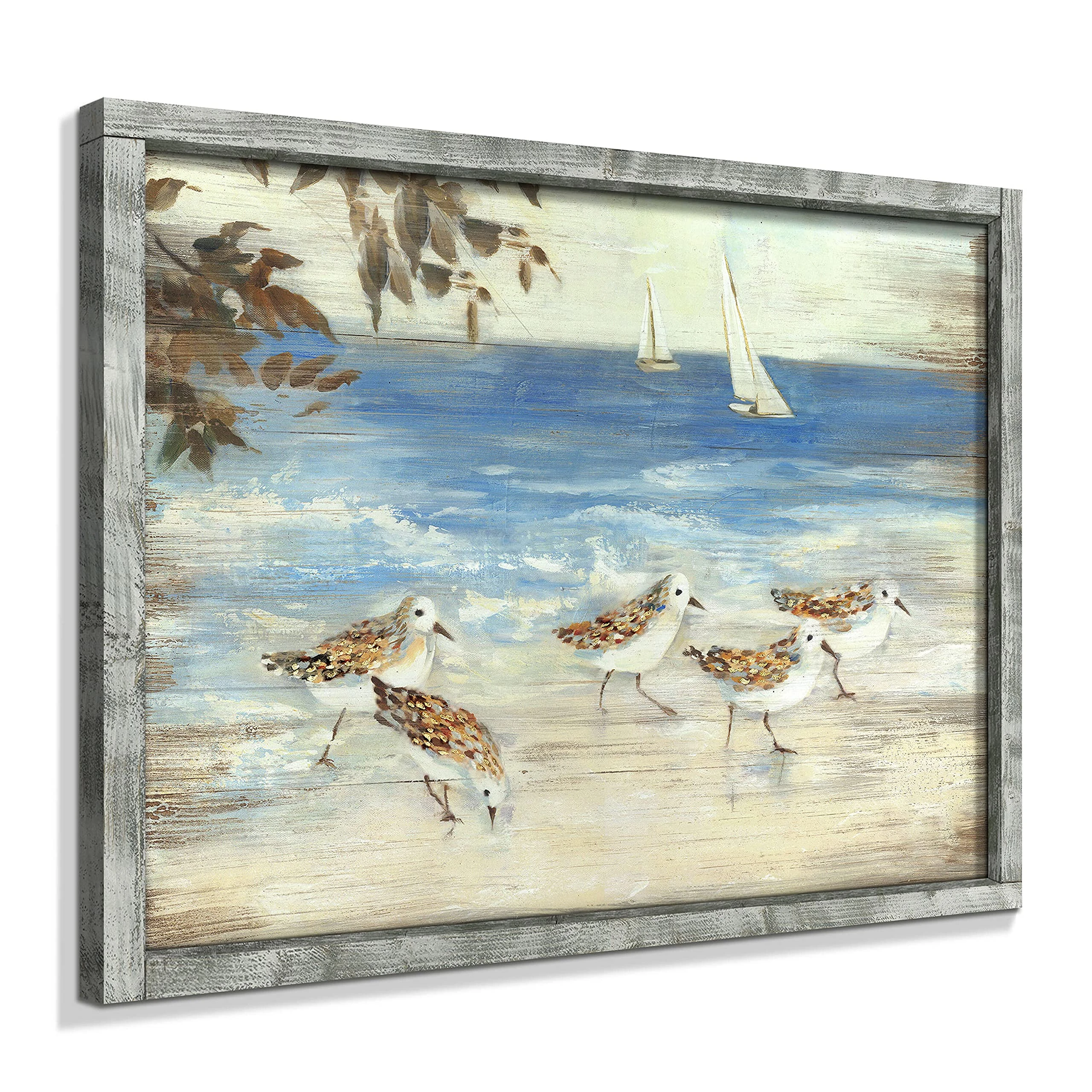 Coastal Framed Wooden Wall Art: Abstract Beach Oil Painting Style Sea Bird Pictures Ocean Prints Peaceful Seascape Artwork for Home Decor 32"x24"