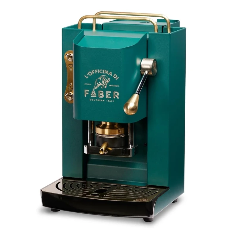 FABER COFFEE MACHINES Model Pro Deluxe Coffee Maker for 44mm ESE Pads, Brass Finish, Adjustable Brass Padpress, Standard Solenoid Valve (British Green)