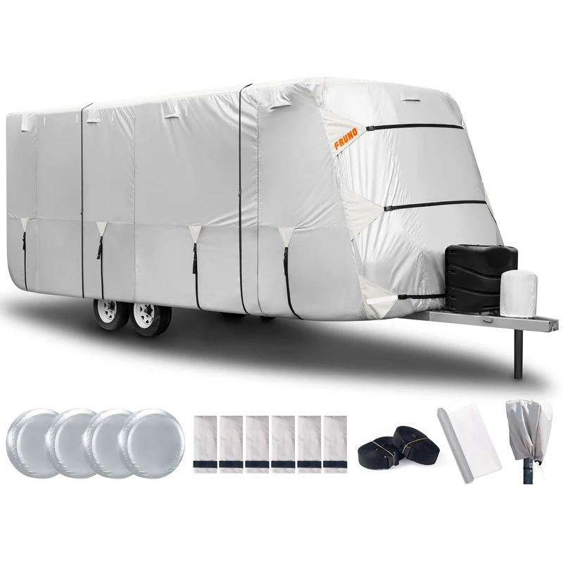 FRUNO Oxford Fabric Travel Trailer Cover RV Cover 20‘-22' Waterproof Rip-Resistant Anti-UV Camper Cover for Winter Snow with Jack Cover 4 Tire Covers and Gutter Covers