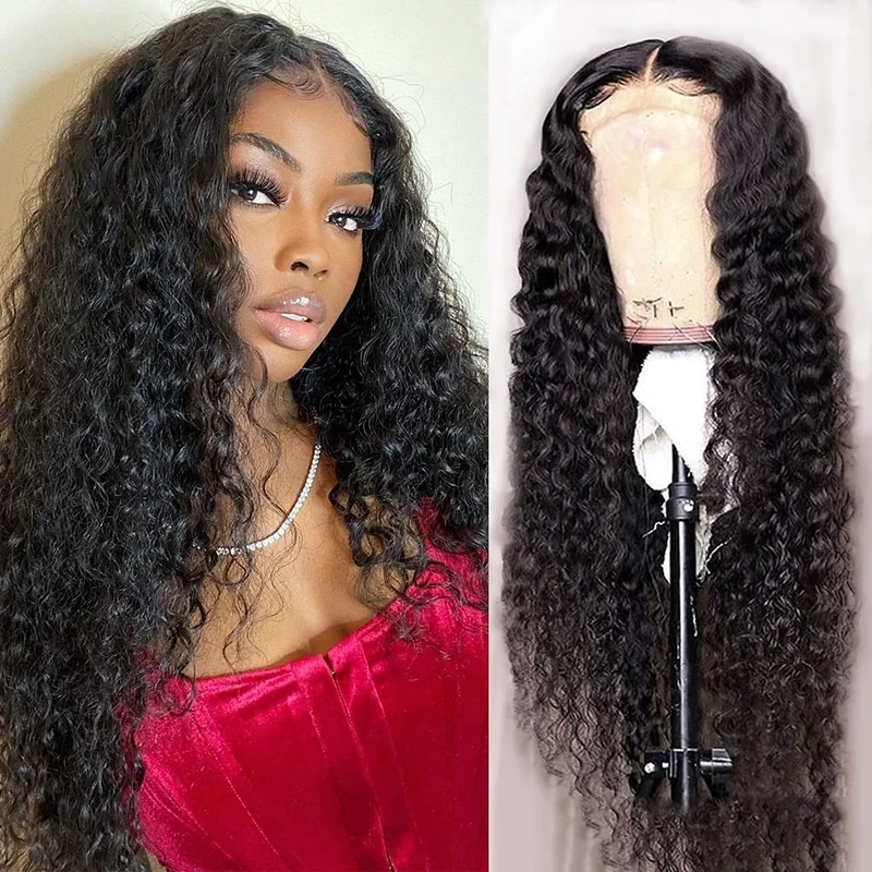 Water Wave 4x4 Lace Front Wigs Human Hair Pre Plucked, 180% Density Brazilian Virgin Wet and Wavy Wigs for Women Curly Wig with Baby Hair Natural Color 24 Inch