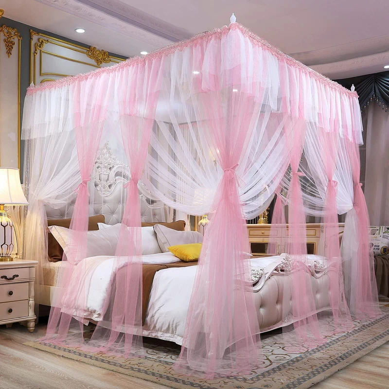 Joyreap 4 Corners Post Canopy Bed Curtains for Adults - Pink & White Cozy Drape Netting - 4 Openings Mosquito Net - Cute Princess Style Bedroom Decoration Accessories (86" W x 78" L, King)