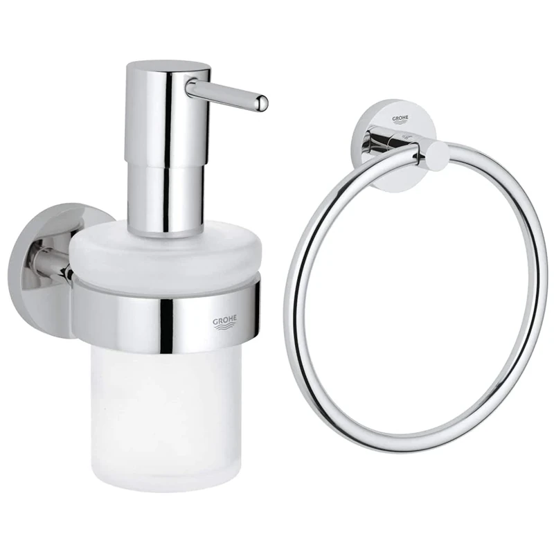 GROHE Essentials Holder with Soap Dispenser Set –, Suitable for Gluing, Chrome, 40448001 & Essentials Towel Ring – Bathroom Towel Holder, Suitable for Gluing, Size 20 cm, Chrome, 40365001