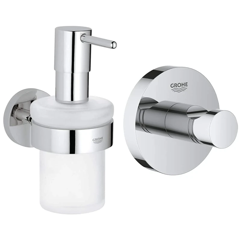 GROHE 40448001 Essentials Soap Dispenser with Silver Holder + Grohe 40364001 Essentials Wall Hook Silver