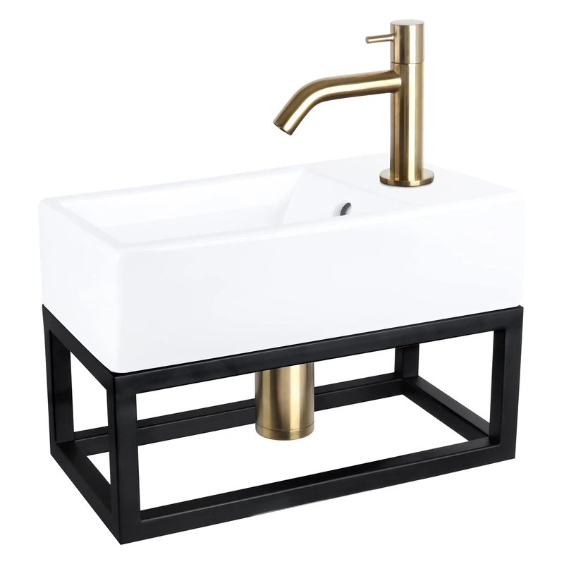 Differnz Force Washbasin with Towel Rail - Ceramic White - Curved Fitting Matt Gold - Complete Set - 40 x 22 x 11.5 cm - Image 1