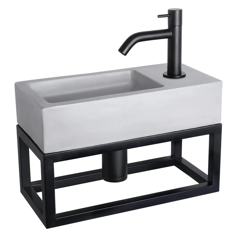 Differnz Ravo Washbasin with Towel Rail - Wash Basin Light Grey Concrete - Curved Cold Water Tap Black - Complete Set with Black Fittings - 38.5 x 18.5 x 9 cm