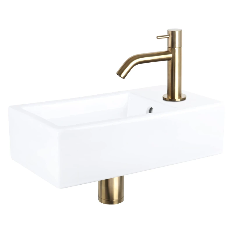Differnz Force Washbasin - Ceramic White - Curved Fitting Matt Gold - Complete Set - 40 x 22 x 11.5 cm