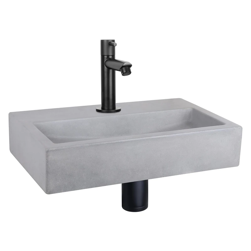 Differnz Flat Sink Set 38 x 24 x 7 cm - Concrete Sink Light Grey with Tap - Straight Cold Water Tap Matte Black - with Siphon & Drain - Guest Toilet Sink - Rectangular - Image 1