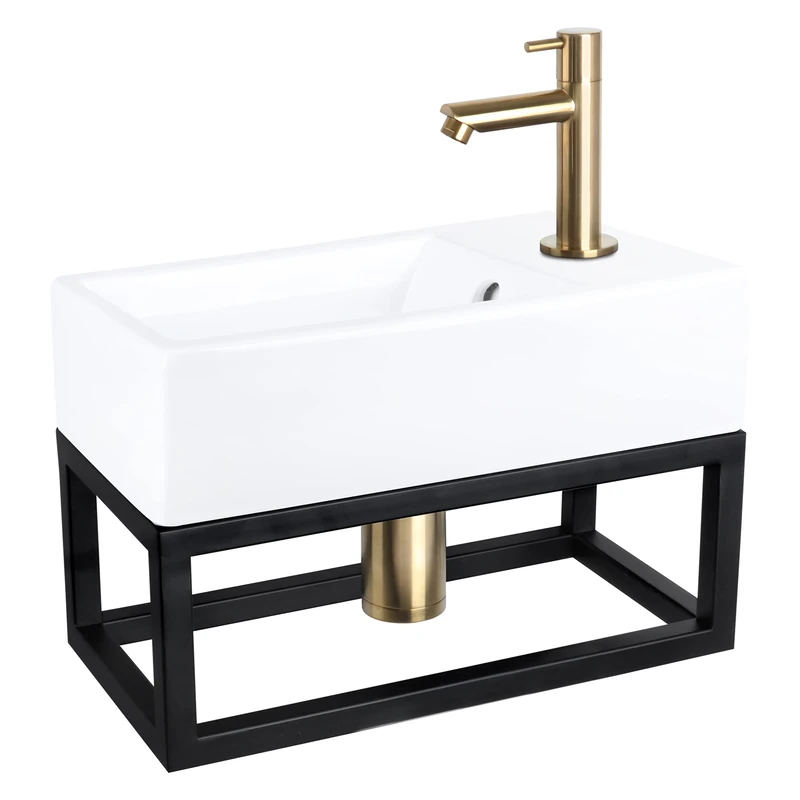 Differnz Force Washbasin with Towel Rail - Ceramic White - Straight Fitting Matt Gold - Complete Set - 40 x 22 x 11.5 cm - Image 1