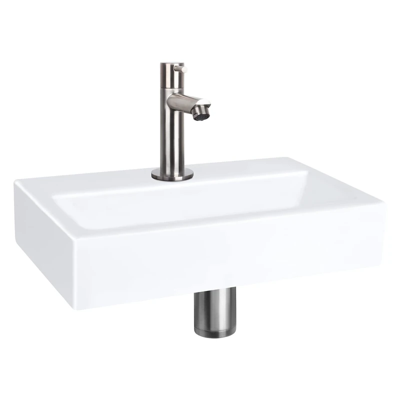 Differnz Flat Wash Basin Ceramic White Straight Fitting Matt Chrome Complete Set 38 x 24 x 7 cm