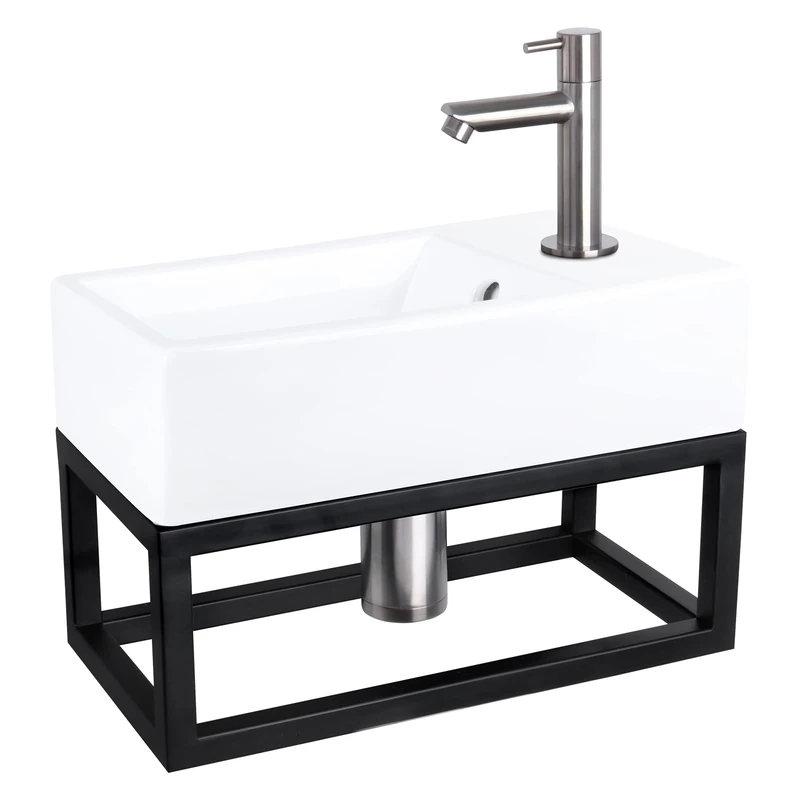 Differnz Force Washbasin with Towel Rail - Ceramic White - Straight Fitting Chrome Matt - Complete Set - 40 x 22 x 11.5 cm - Image 1