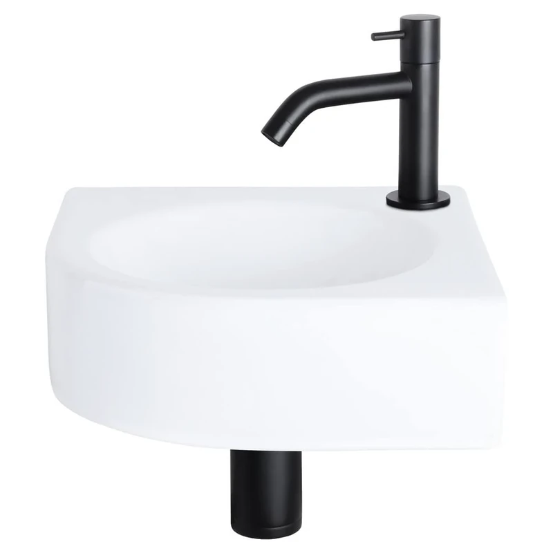 Differnz Cleo Washbasin – Ceramic Hand Washbasin – Curved Tap Matt Black – Complete Set – 30 x 30 x 10 cm