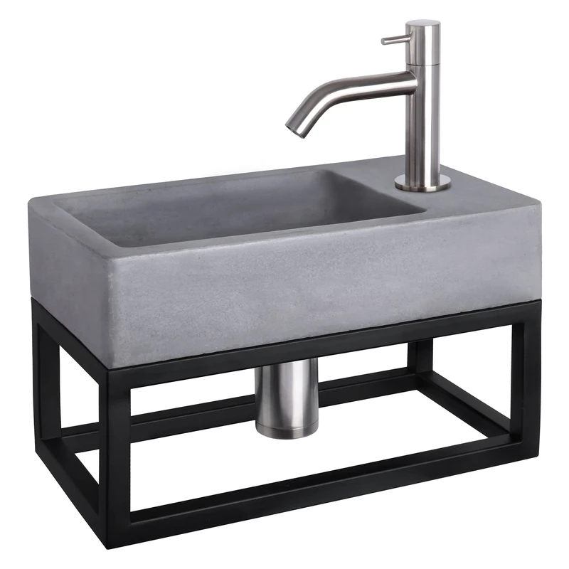 Differnz Force Washbasin with Towel Rail - Dark Grey Concrete - Curved Fitting Matt Chrome - Complete Set - 40 x 22 x 8 cm