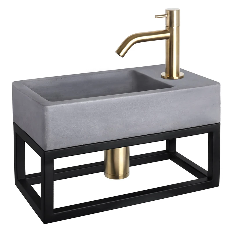Differnz Force Washbasin with Towel Rail - Dark Grey Concrete - Curved Fitting Matt Gold - Complete Set - 40 x 22 x 8 cm