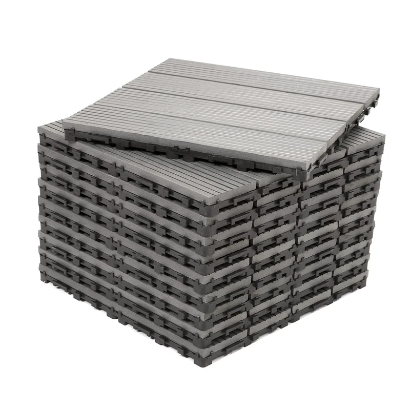 Pack of 10 - Dekco Composite Wood Plastic Grey Decking Interlocking Tiles with Woodgrain Effect 30cm x 30cm
