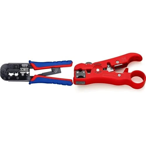Knipex Crimping Pliers for Western Plugs Burnished, with Multi-Component Grips 190 mm 97 51 10 & Wire Stripping Tool for Coax and Data Cable 125 mm 16 60 06 SB