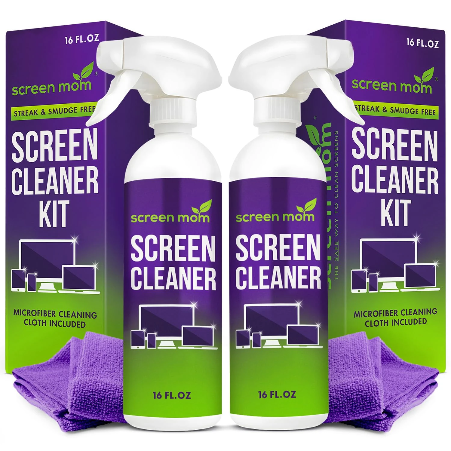 Screen Mom Screen Cleaner Spray (32oz) 2 x 16oz Bottles - for TV Screen, Laptop, Phone, Ipad - Computer Cleaning kit Electronic Cleaner - 2 Microfiber Towels Included