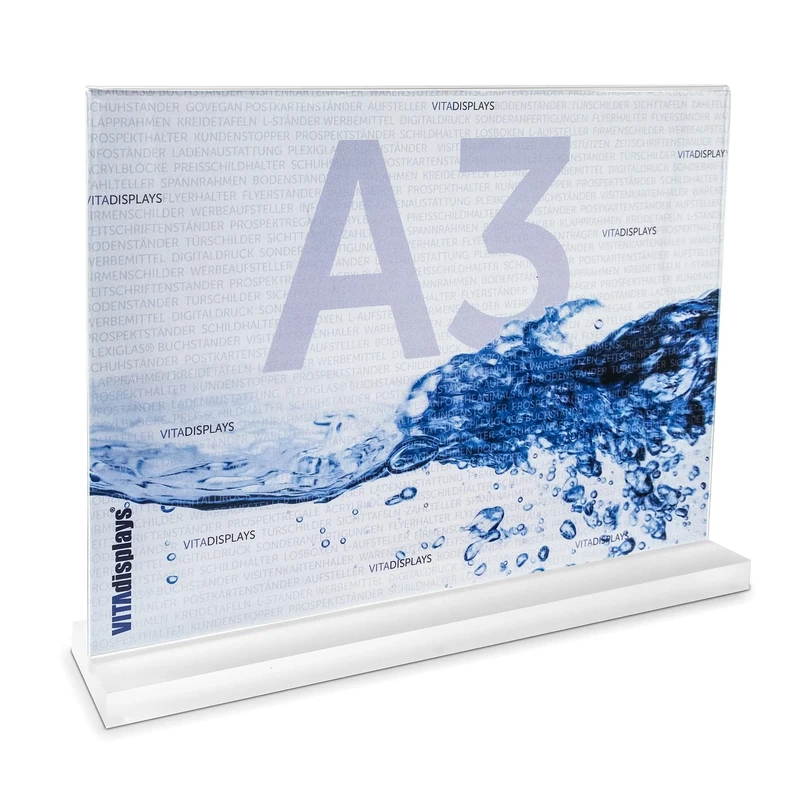 VITAdisplays DIN A3 Landscape Advertising Stand with Solid, Satin Plexiglas Base, T-Stand