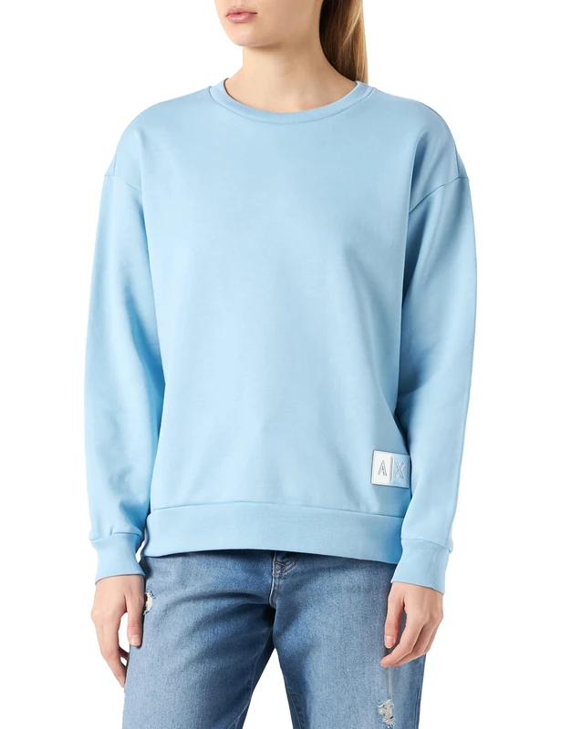 Armani Exchange Women's Long Sleeve, Embossed Logo, Round Neck Sweatshirt, Glacier, Blue, XS