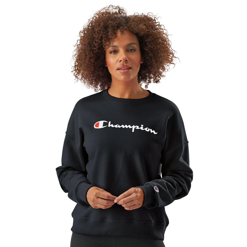 Champion Women's Powerblend Relaxed Crew, Screen Print Script Sweatshirt, Black-y08113, Medium