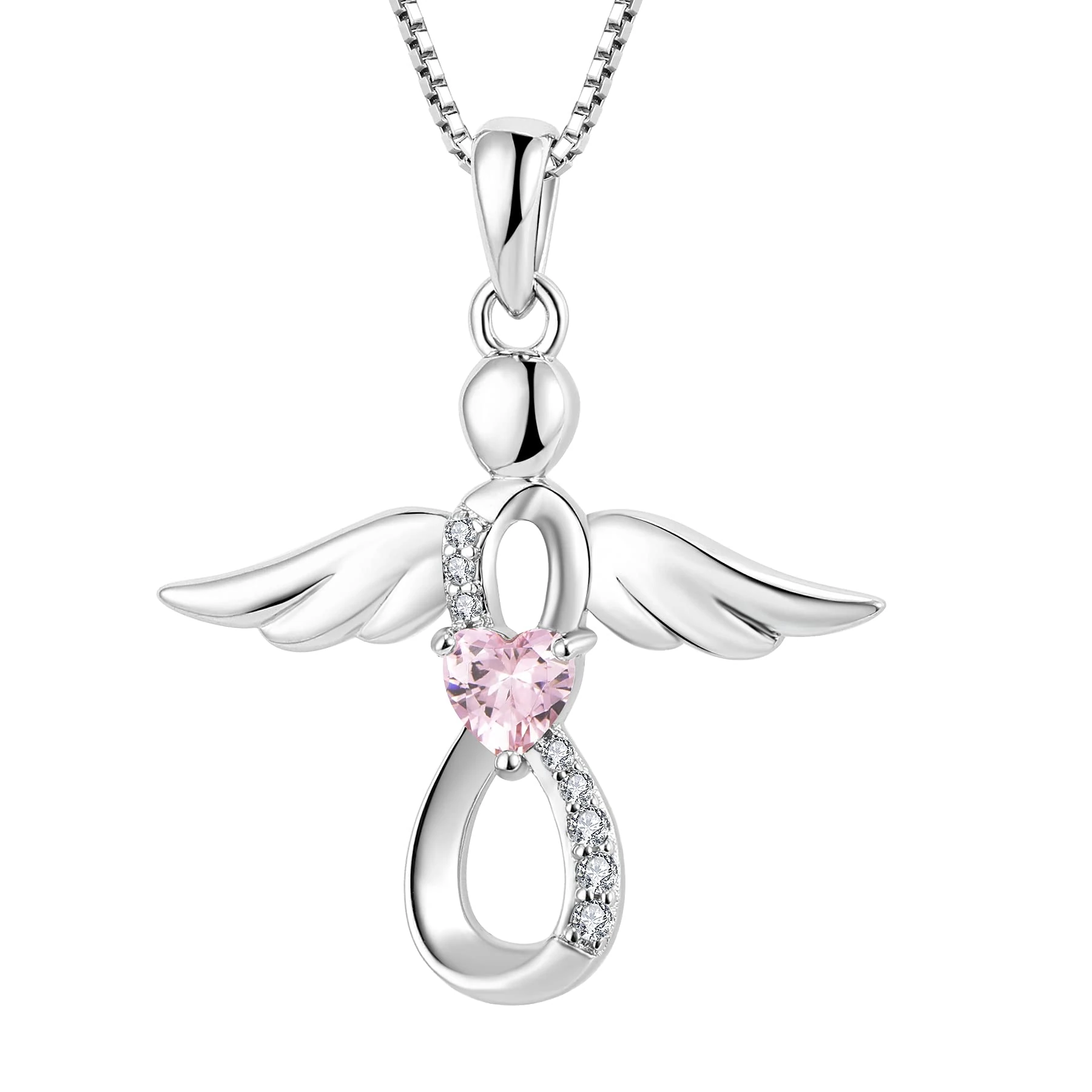 FJ Guardian Angel Necklace 925 Sterling Silver Infinity Pendant Pink Tourmaline Necklace October Birthstone Jewellery Gifts for Women Girls