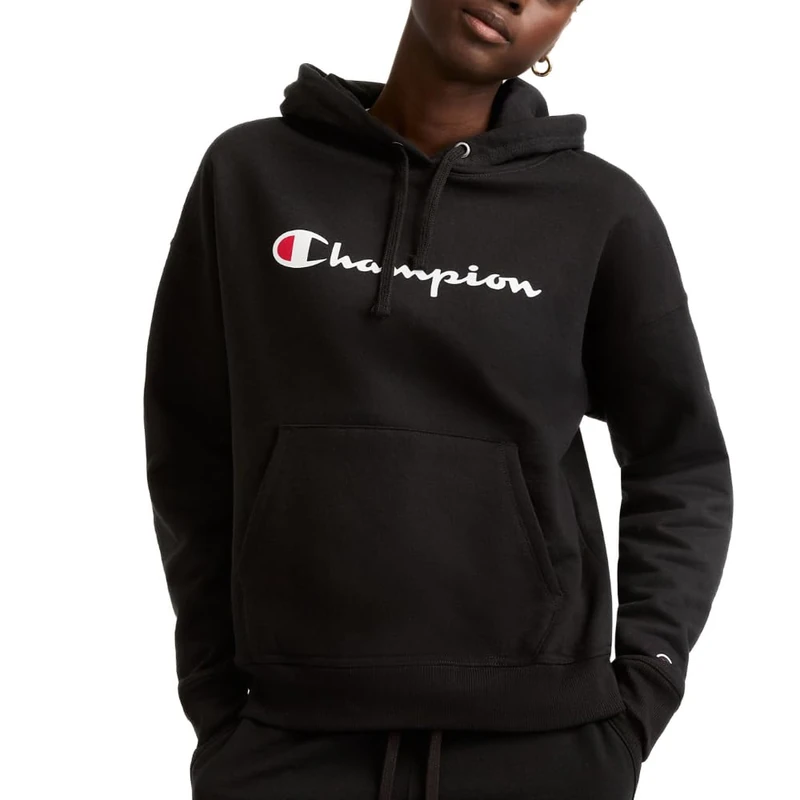 Champion Women's, Powerblend, Fleece, Comfortable Hoodie Sweatshirt (Plus Hooded, Black Script, S