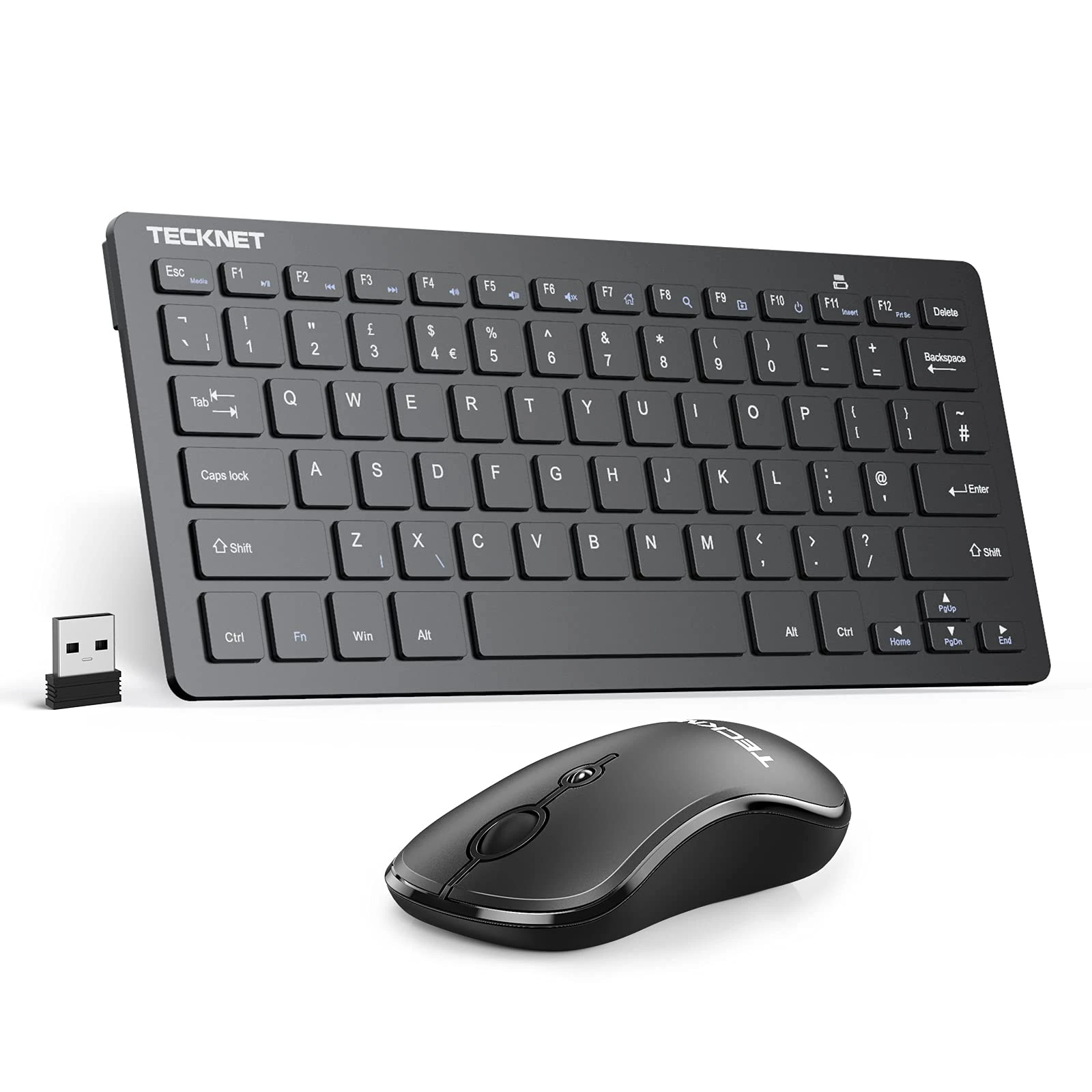 TECKNET Mini Wireless Keyboard and Mouse Set, 2.4G Cordless USB Keyboard and Silent Mouse Comb with Nano USB Receiver, 12 Months Battery Life, 12 Multimedia Shortcuts for Computer, PC, Laptop, Black