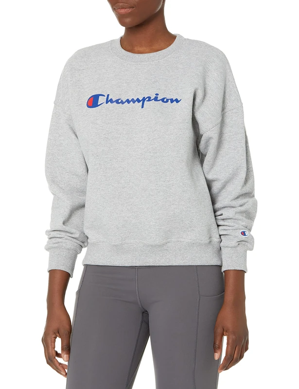 Champion Women's Powerblend Relaxed Crew, Screen Print Script Sweatshirt, Oxford Gray-y08113, Medium
