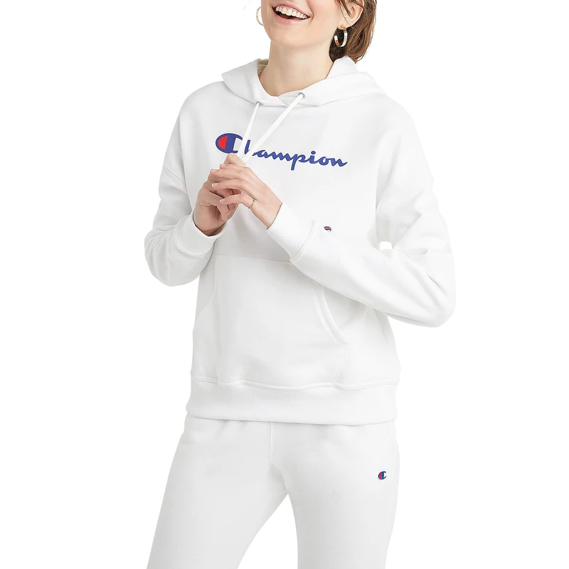 Champion Women's, Powerblend, Fleece, Comfortable Hoodie Sweatshirt (Plus Hooded, White Script, XXL