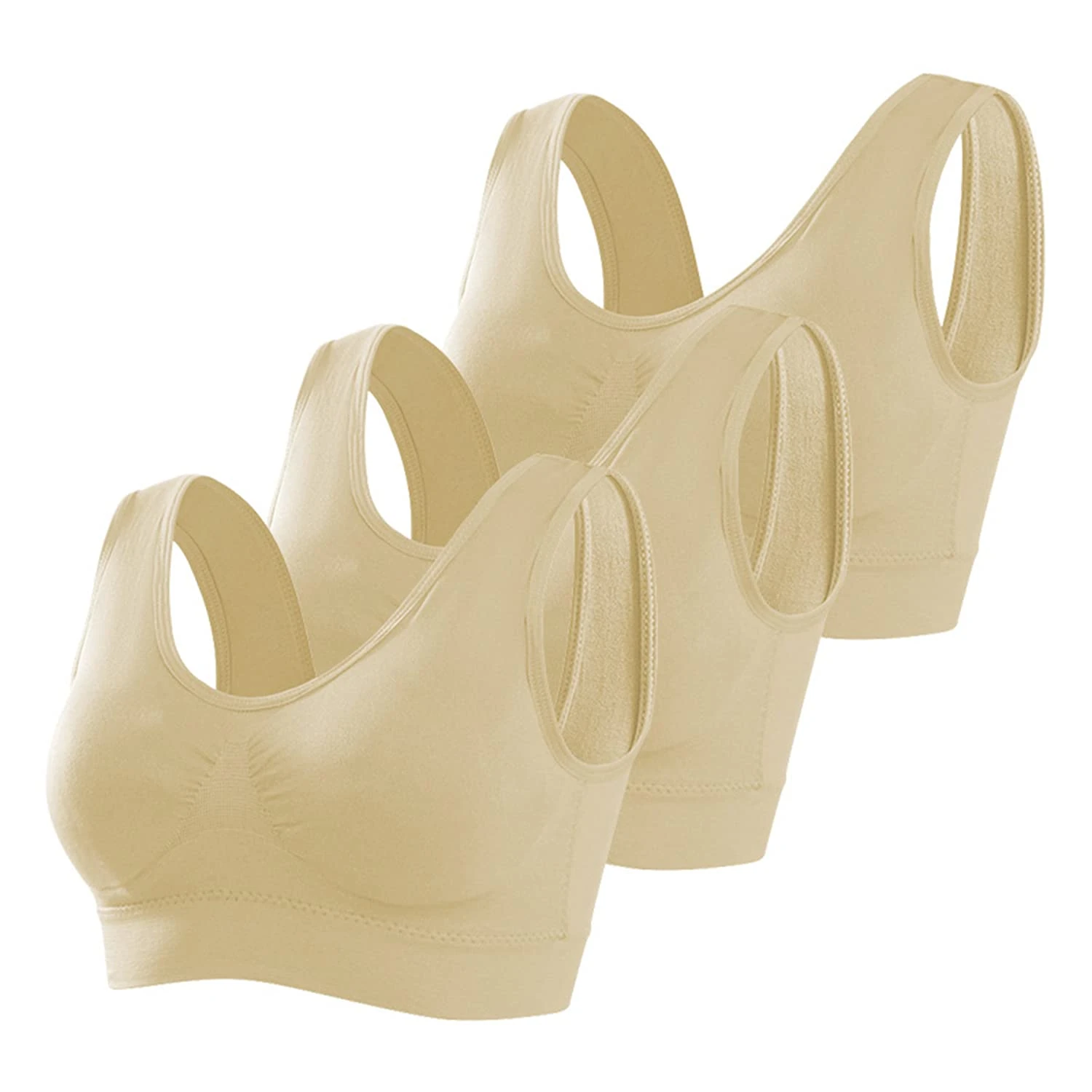 Memoryee Sports Bras Women 3 Pack Set Plus Size for Large Breasts Non Wired Inserts Washable Padded Push Up Multipack Vest Crop Top for Yoga Running Jogging Gym Beige*3 5XL